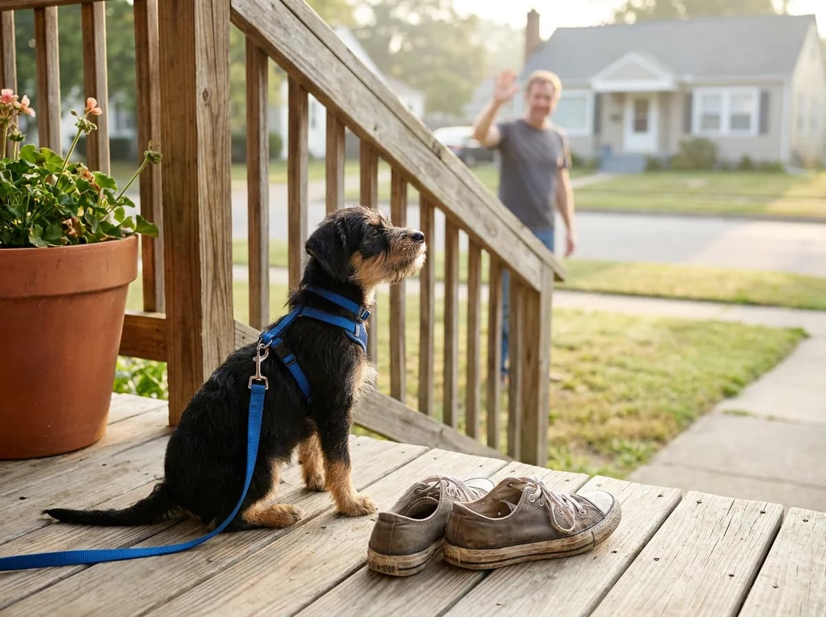 A leashed puppy sits on a private porch while watching a visitor.