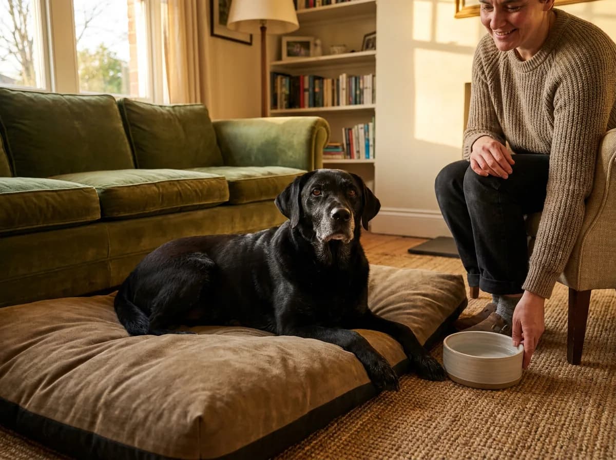 A black Labrador rests on a bed while its owner places a water bowl nearby.