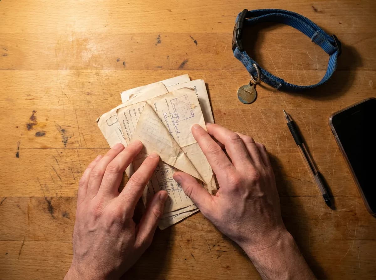 Hands organize veterinary records beside a blue collar and metal tag.