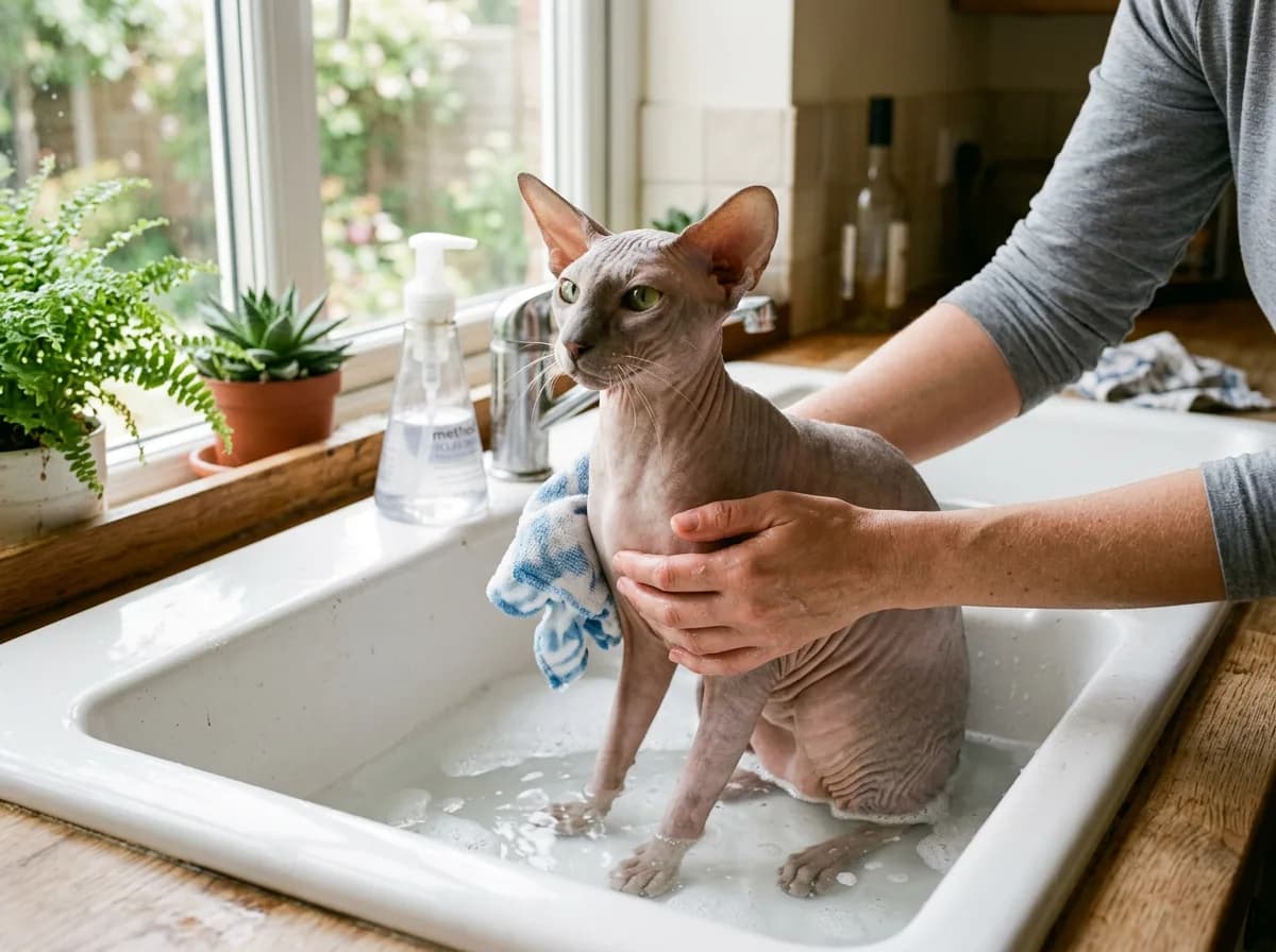 A hairless Peterbald cat being gently bathed in a kitchen sink to manage skin-oil buildup.