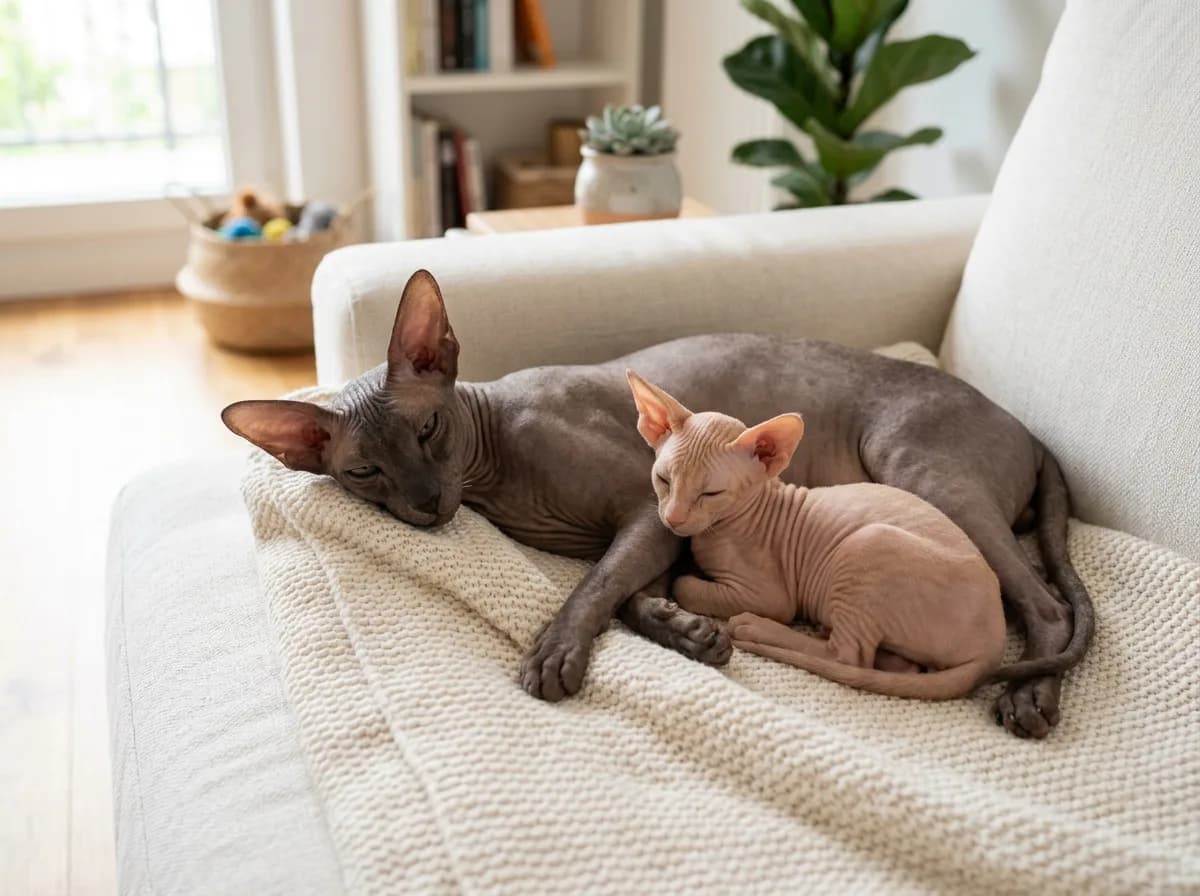 An adult Peterbald resting beside a Peterbald kitten on a sofa in a clean home setting.