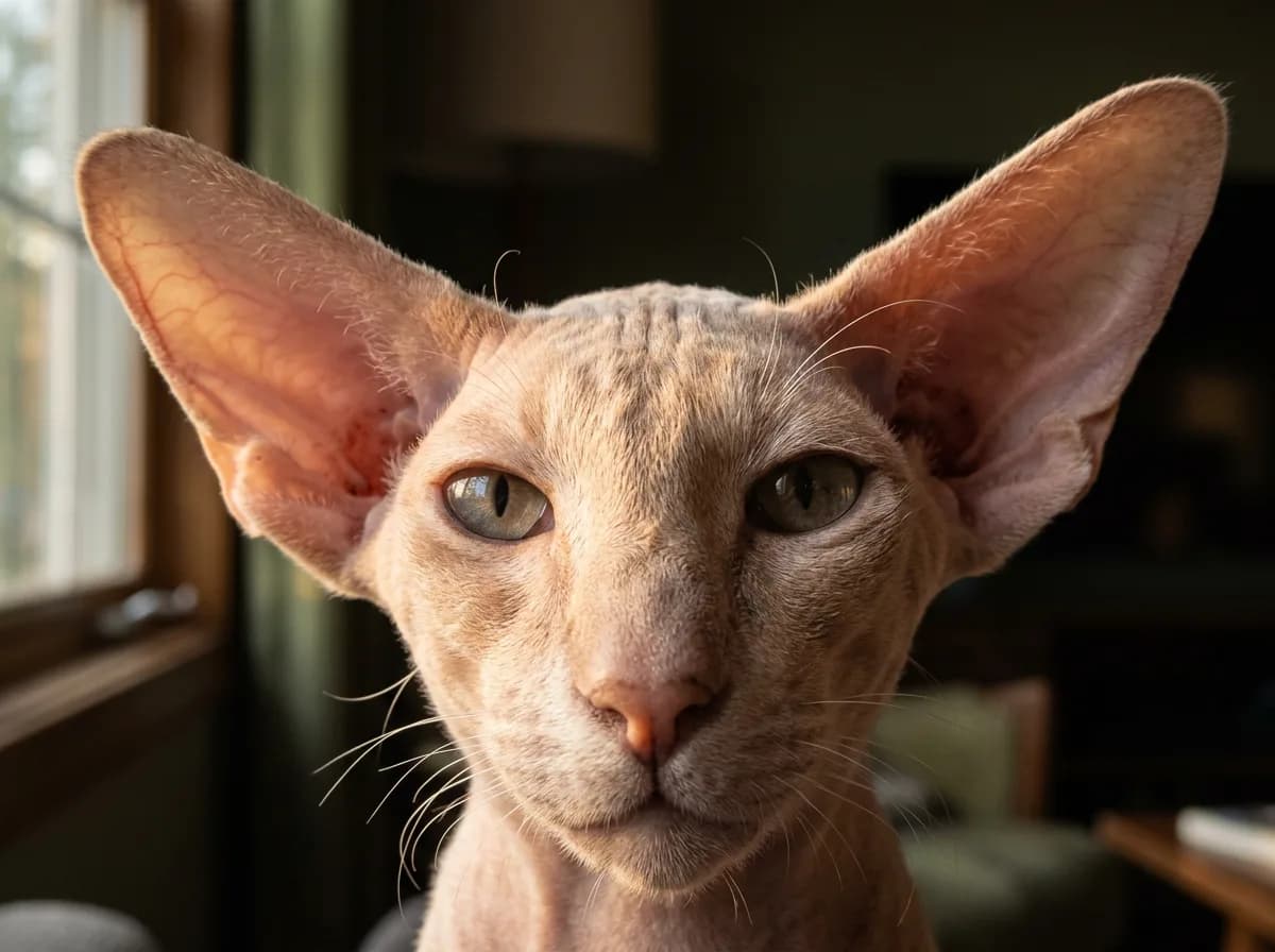 Close-up of a Peterbald's large flared ears and almond-shaped eyes in soft natural light.