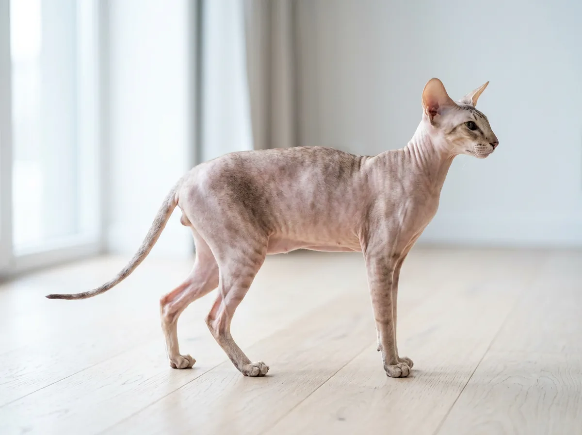 A healthy Peterbald standing in profile on long slim legs, showing its elegant Oriental body type.