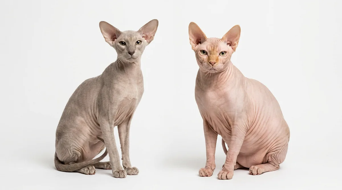 A slender Peterbald next to a stockier Sphynx on a white background, comparing the two hairless breeds.