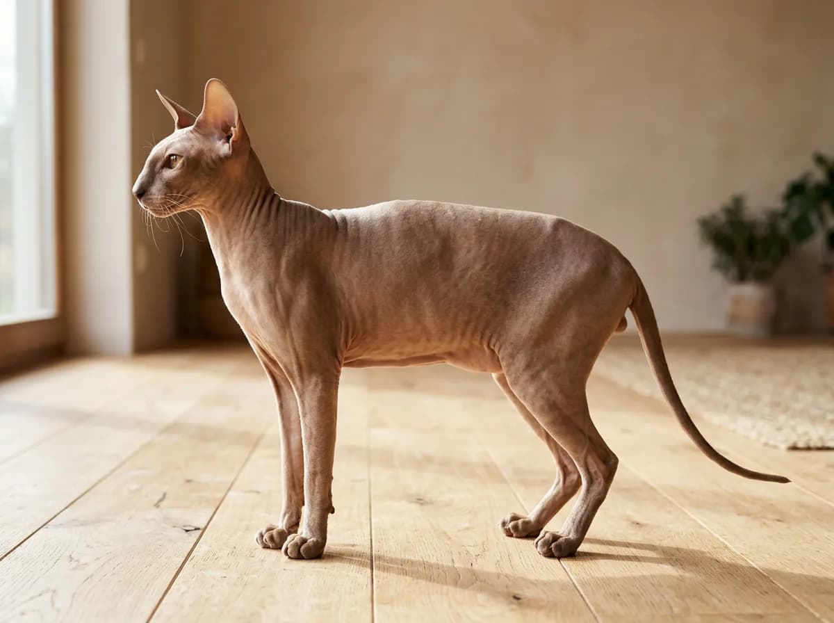 A Peterbald cat standing in profile showing its long lean Oriental body and long legs.