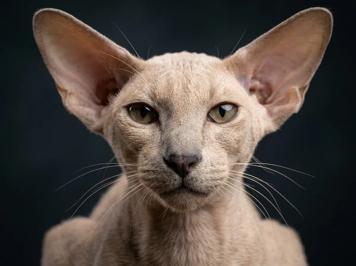 Close-up of a Peterbald cat's head showing its large flared ears, velour skin and intact whiskers.