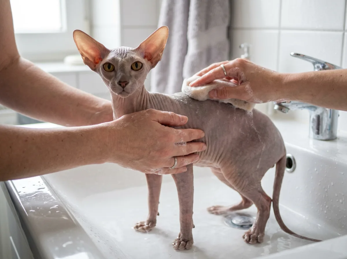 A Peterbald cat being gently bathed, shown with hands only and no human face.