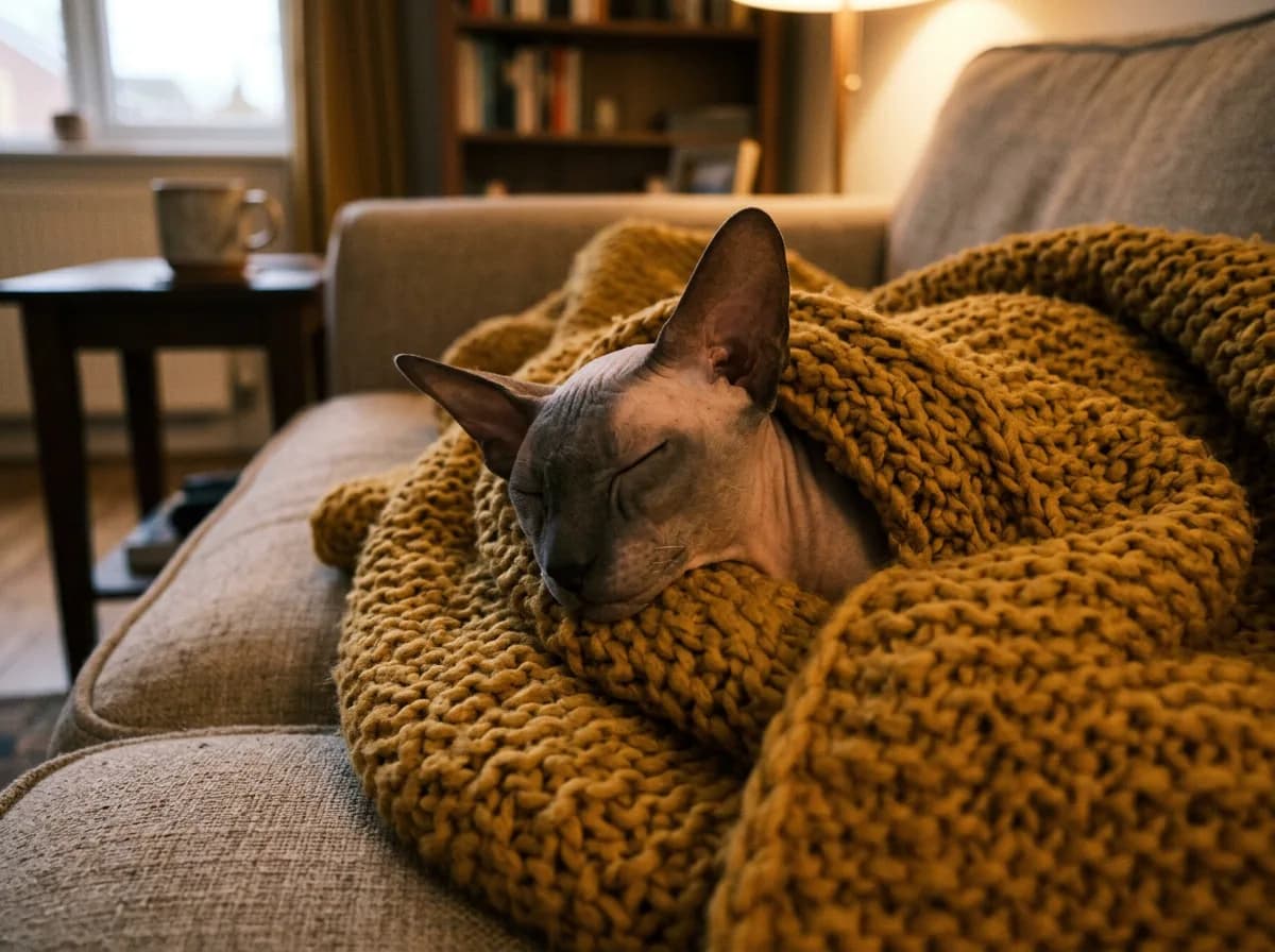 A Peterbald cat curled up under a knitted blanket with its head and large ears poking out.