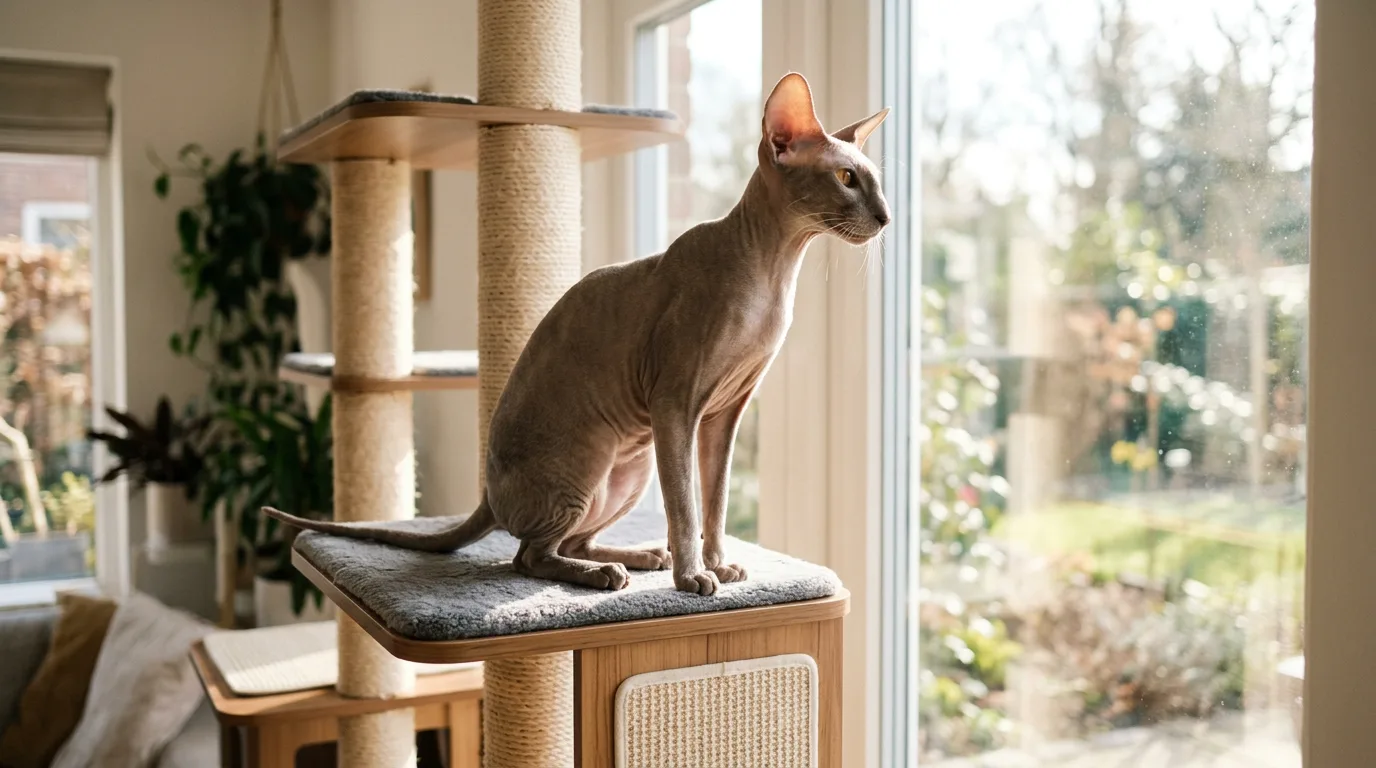 A Peterbald cat perched on a cat tree by a sunny window, its long body and large ears in profile.