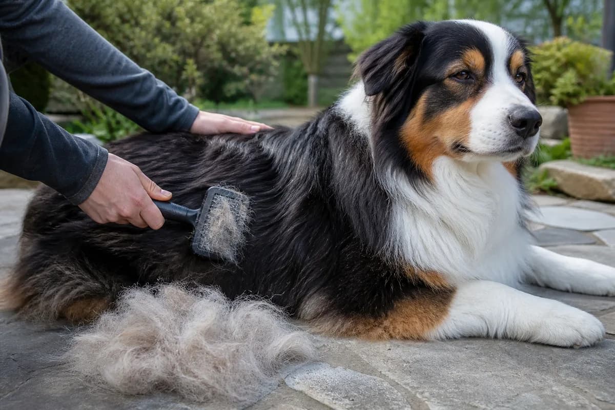 A tricolor Australian Shepherd being brushed on a patio beside a pile of removed undercoat