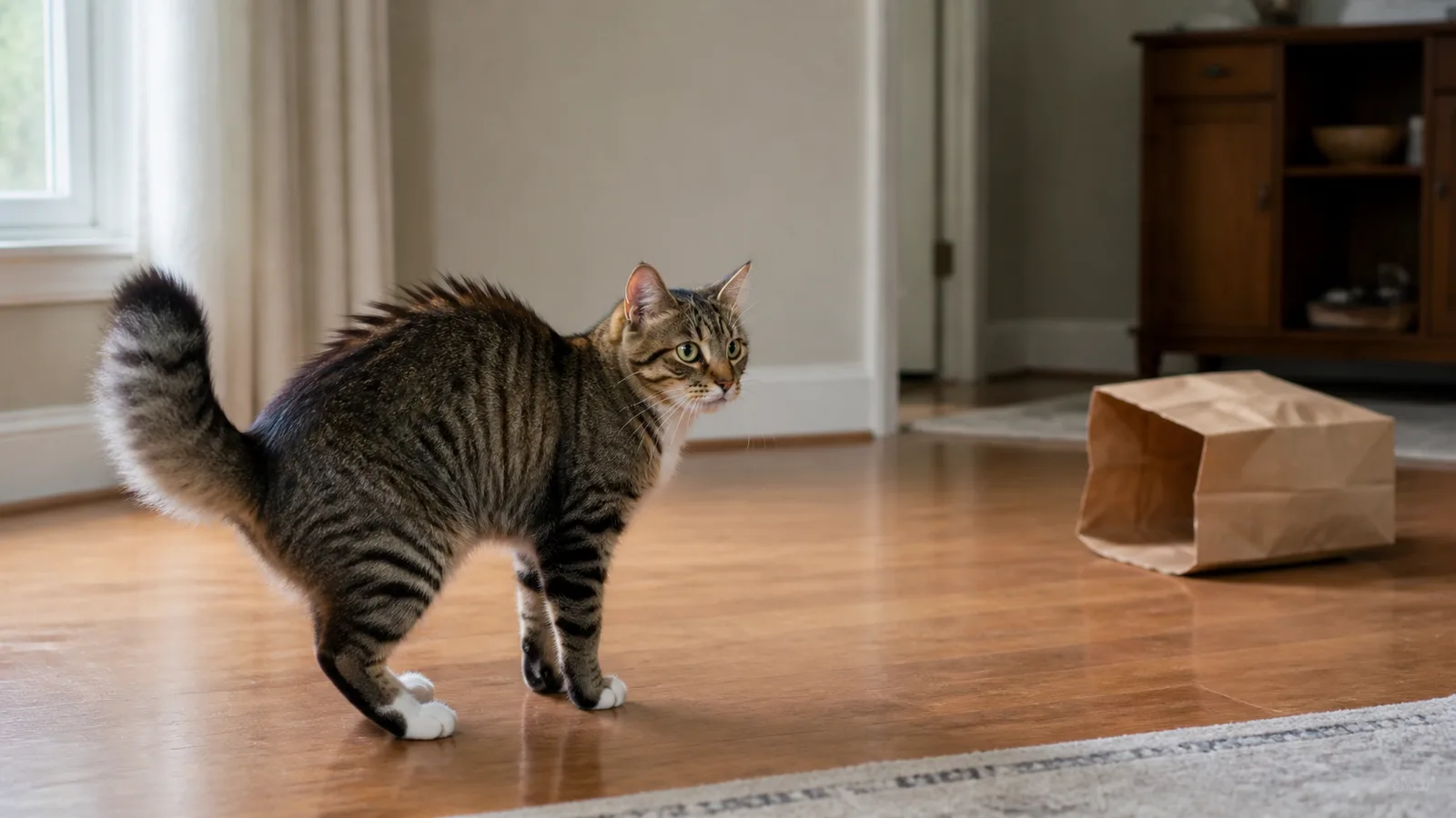 A startled tabby cat with a puffed tail and raised fur along its back looking toward a fallen paper bag