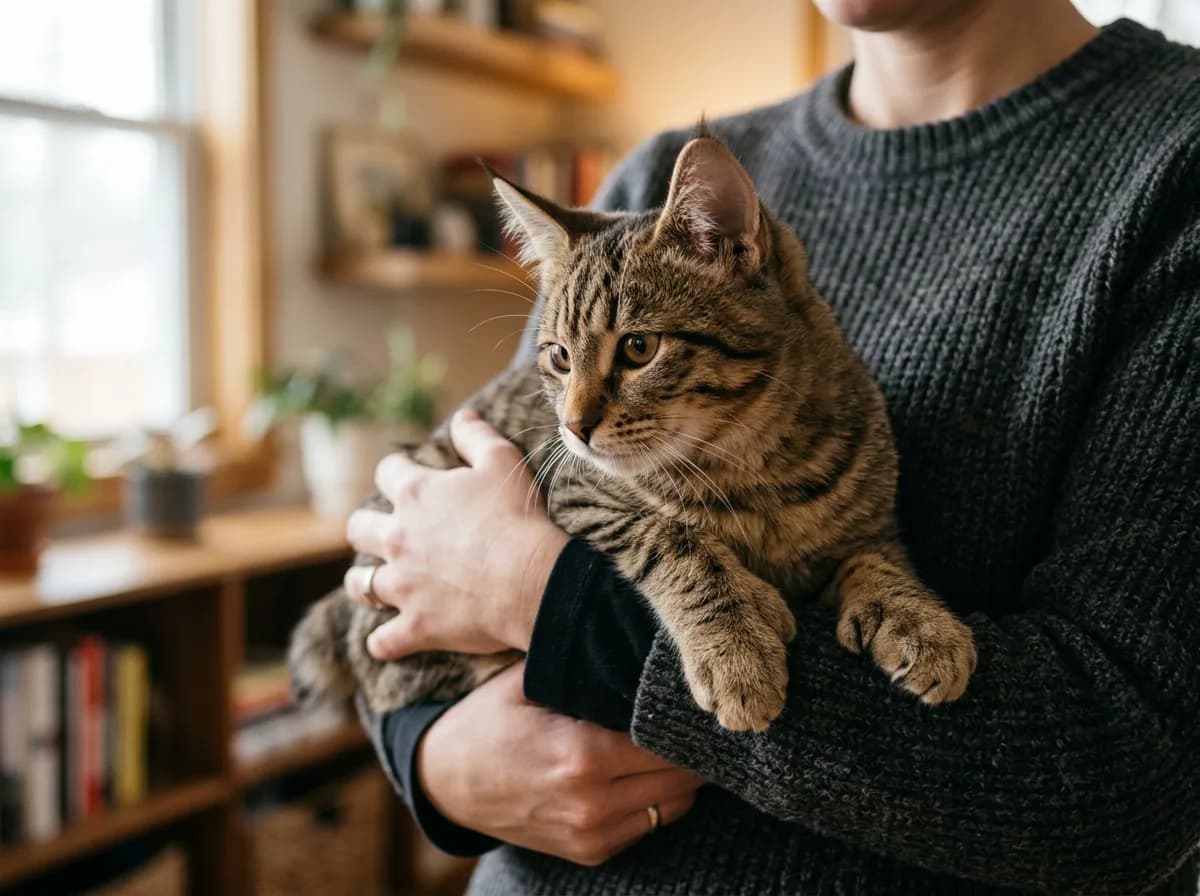 A Pixie-Bob kitten with tufted ears held gently against a person's chest in soft window light