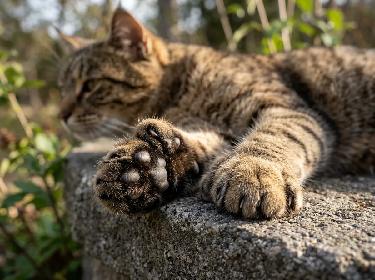 Close-up of a Pixie-Bob cat's large polydactyl paw with extra toes resting on a stone ledge