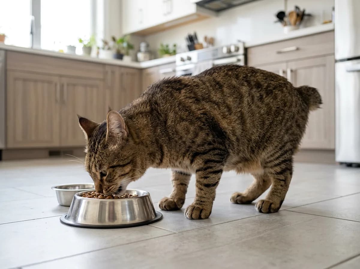 A muscular Pixie-Bob cat eating from a stainless steel bowl in a bright modern kitchen