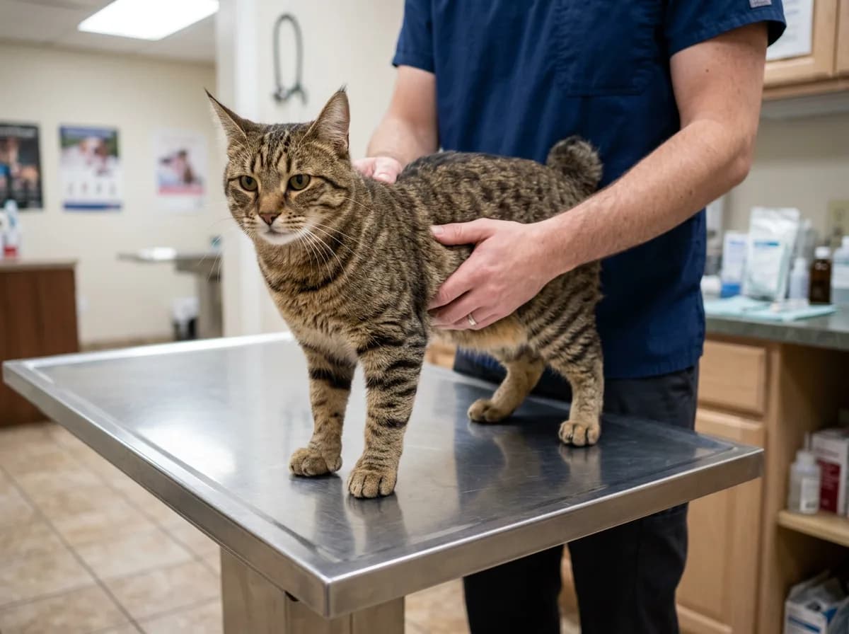 A Pixie-Bob cat being examined by a veterinarian on a clinic table, the vet shown without a visible face