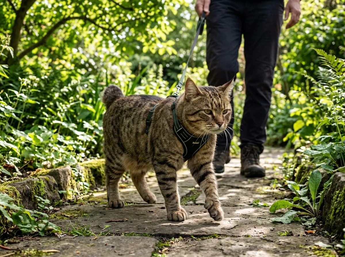 A Pixie-Bob cat walking on a leash and harness along a sunlit stone garden path