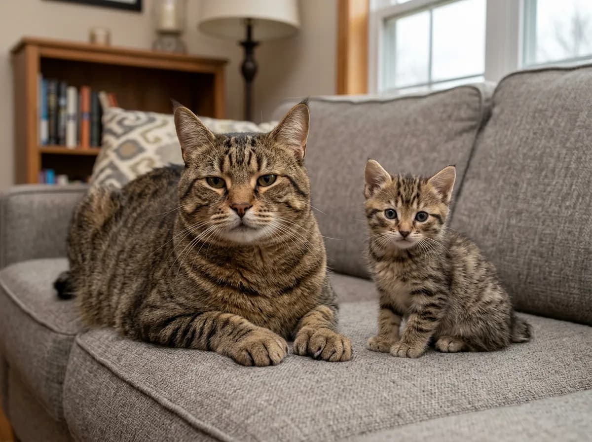A Pixie-Bob kitten and an adult Pixie-Bob sitting side by side on a couch to show the size difference