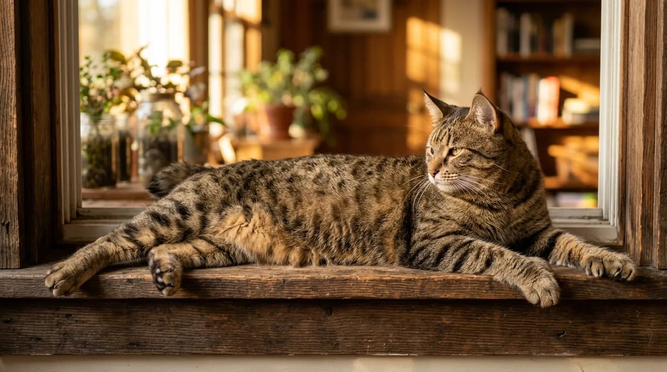 A Pixie-Bob cat lounging on a wide windowsill in warm golden afternoon light with its full body and spotted coat visible