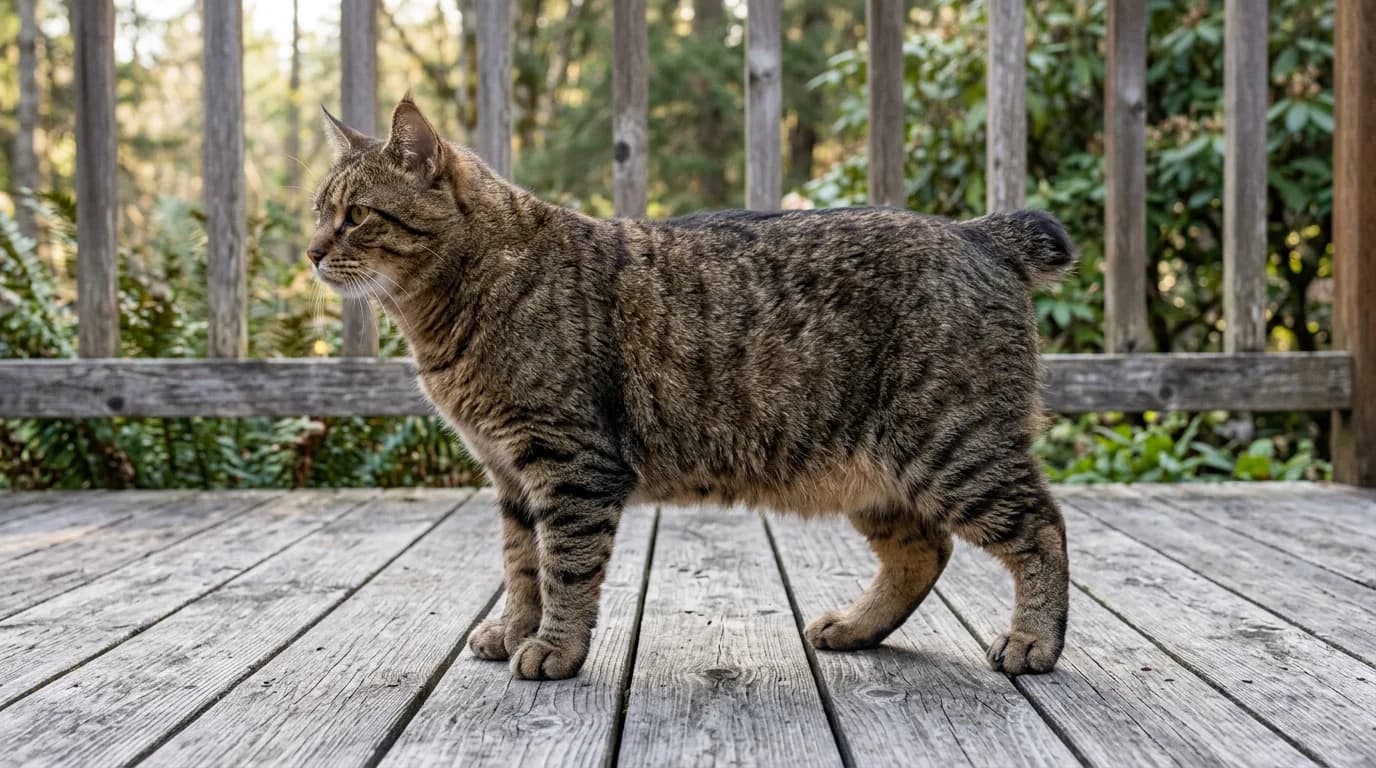 A large muscular Pixie-Bob cat standing on a wooden deck showing its full body size and short bobbed tail.