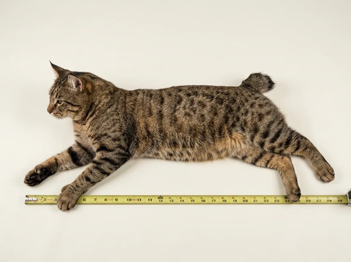A Pixie-Bob cat photographed from the side next to a tape measure to show its long body length and short tail.