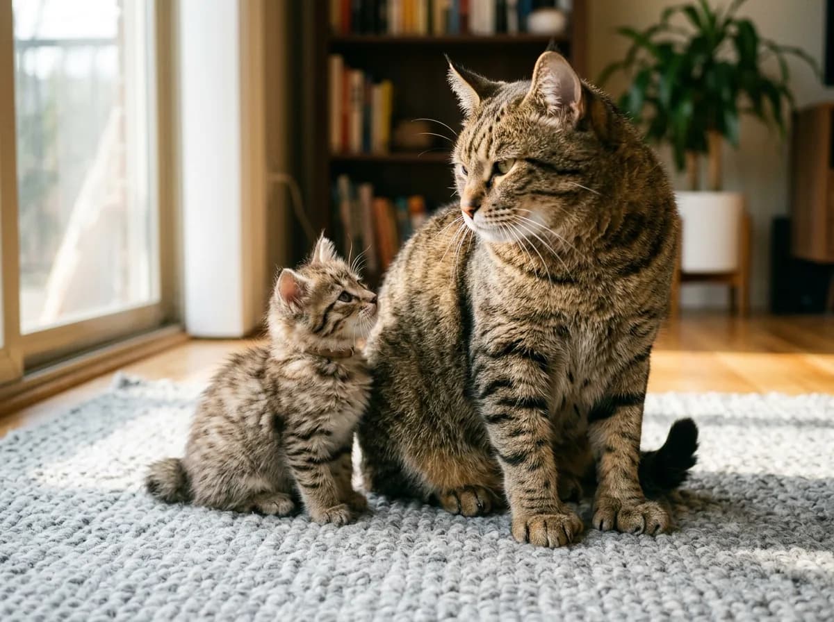 A young Pixie-Bob kitten beside an adult Pixie-Bob showing the dramatic size difference during the slow maturation.
