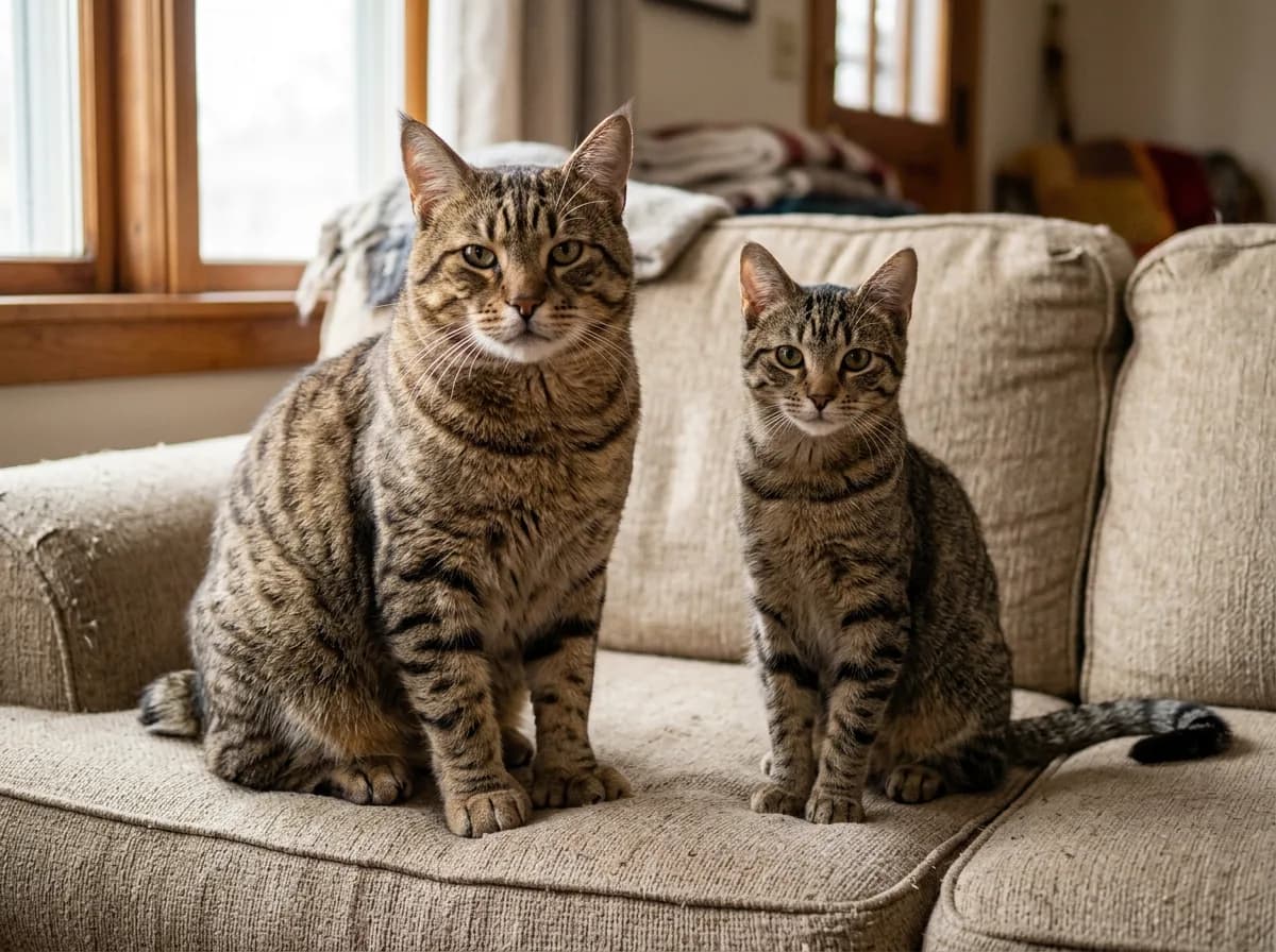 A Pixie-Bob cat sitting beside a domestic shorthair cat on a sofa to illustrate the size difference between the two.