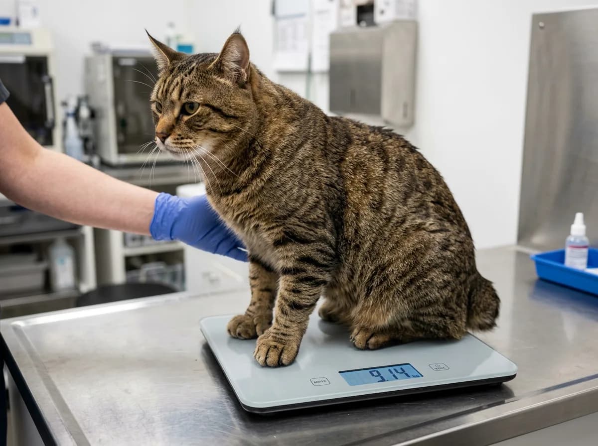 An adult Pixie-Bob cat being weighed on a pet scale at a veterinary clinic to check healthy body condition.