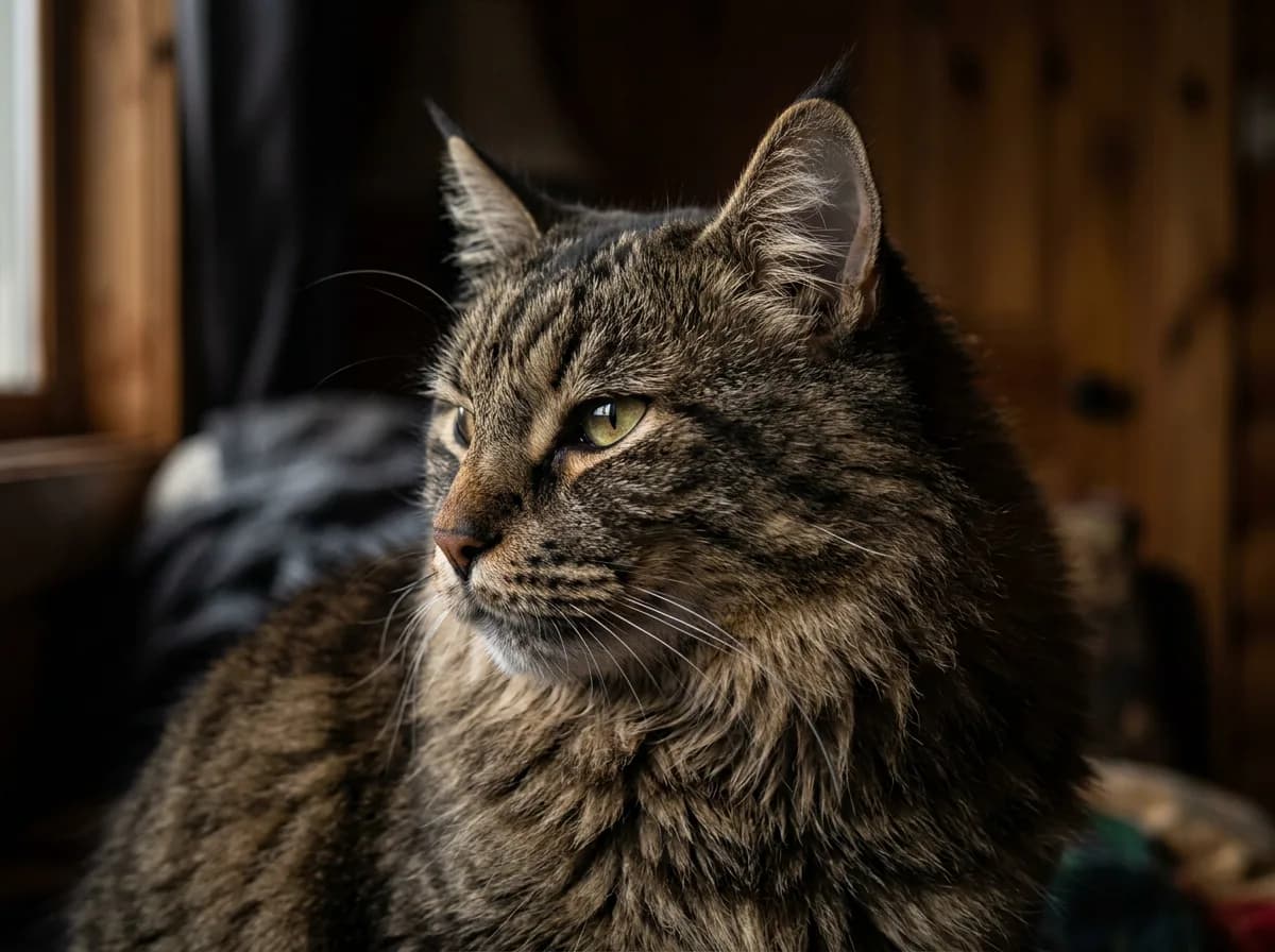 A close-up of a Pixie-Bob cat face showing the hooded brow, lynx-tipped ears, and mutton-chop facial hair that identify the breed.