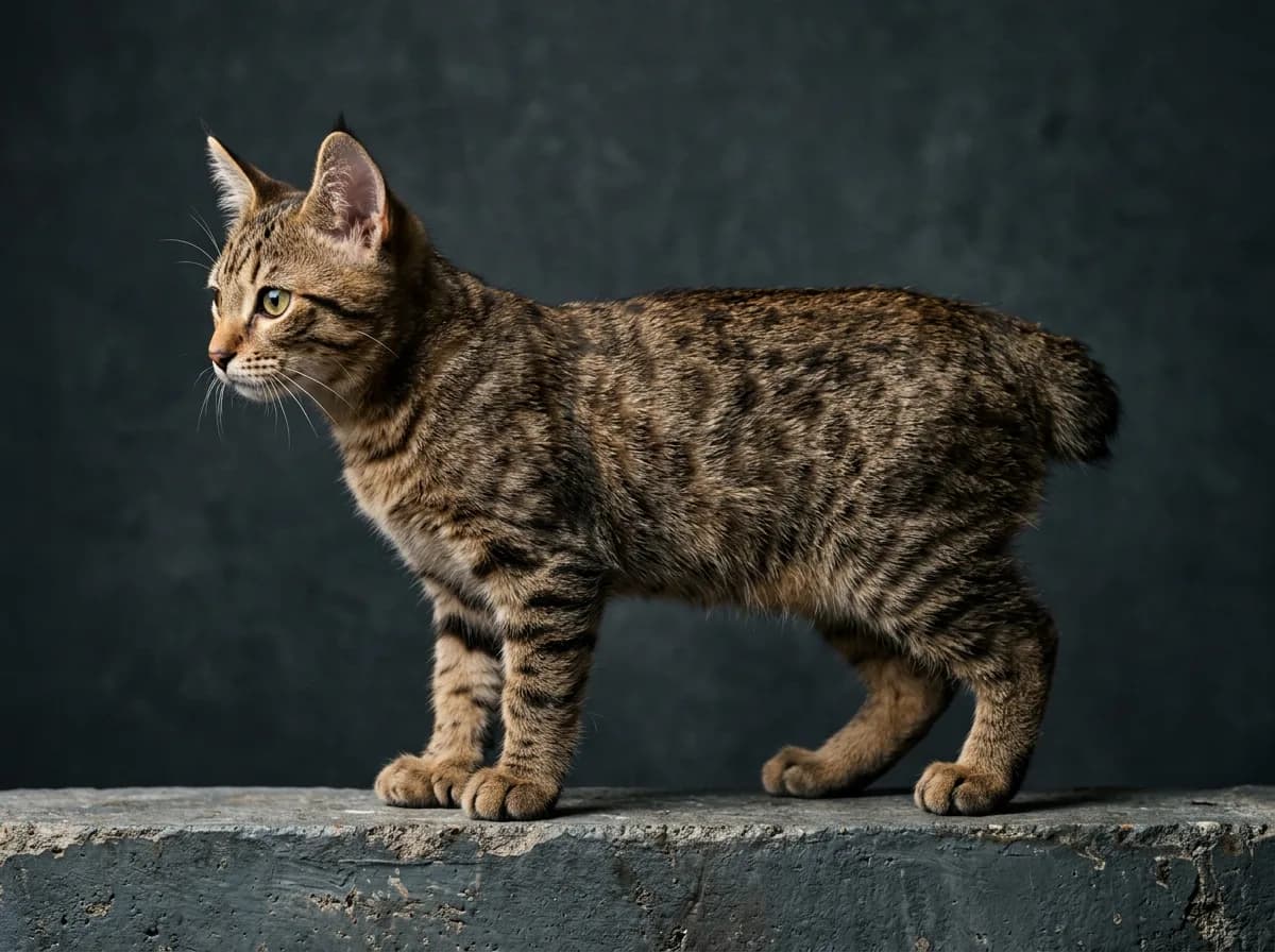 A pixie-bob kitten viewed in profile showing the heavy boning, hooded brow, and muscular build of the breed