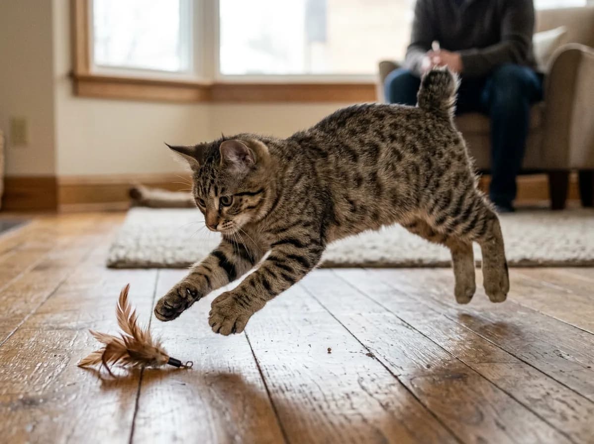 A Pixie-Bob kitten mid-play showing its stocky build and short bobbed tail.