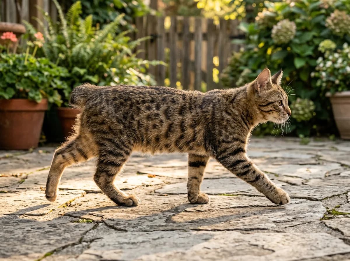 A leggy adolescent pixie-bob kitten mid-stride on a patio showing its rangy growing frame