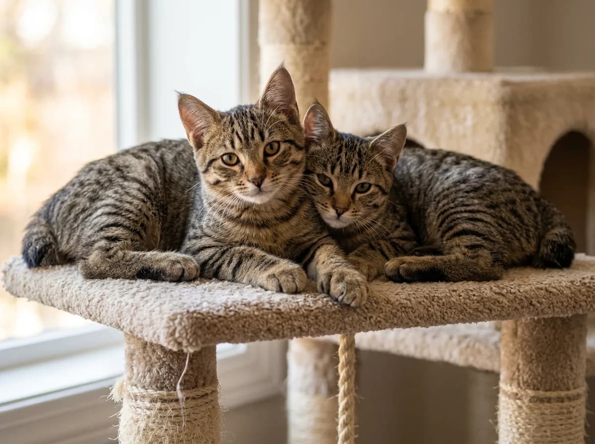 Two short-coated Pixie-Bob kittens with spotted coats resting on a cat tree.