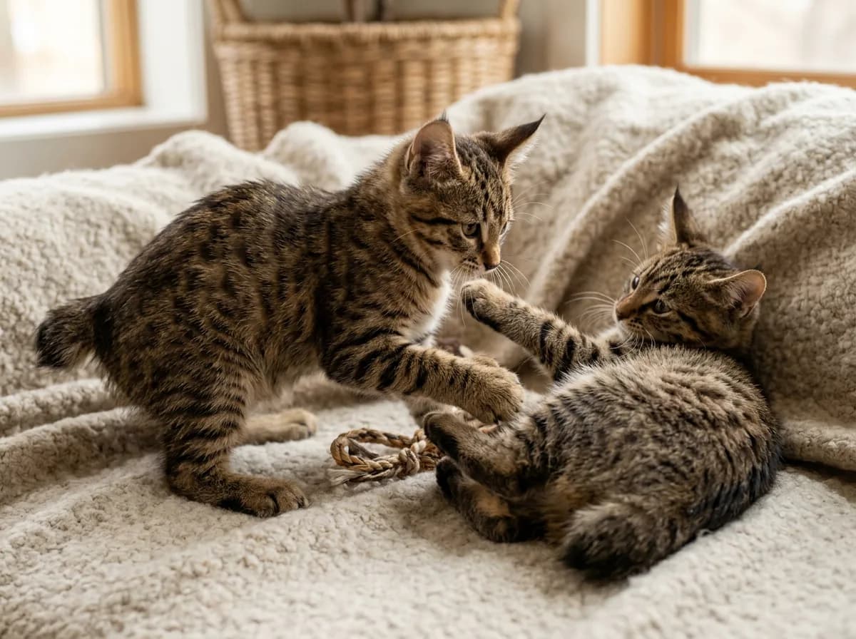Two Pixie-Bob kittens playing, showing their spotted coats and bobbed tails.