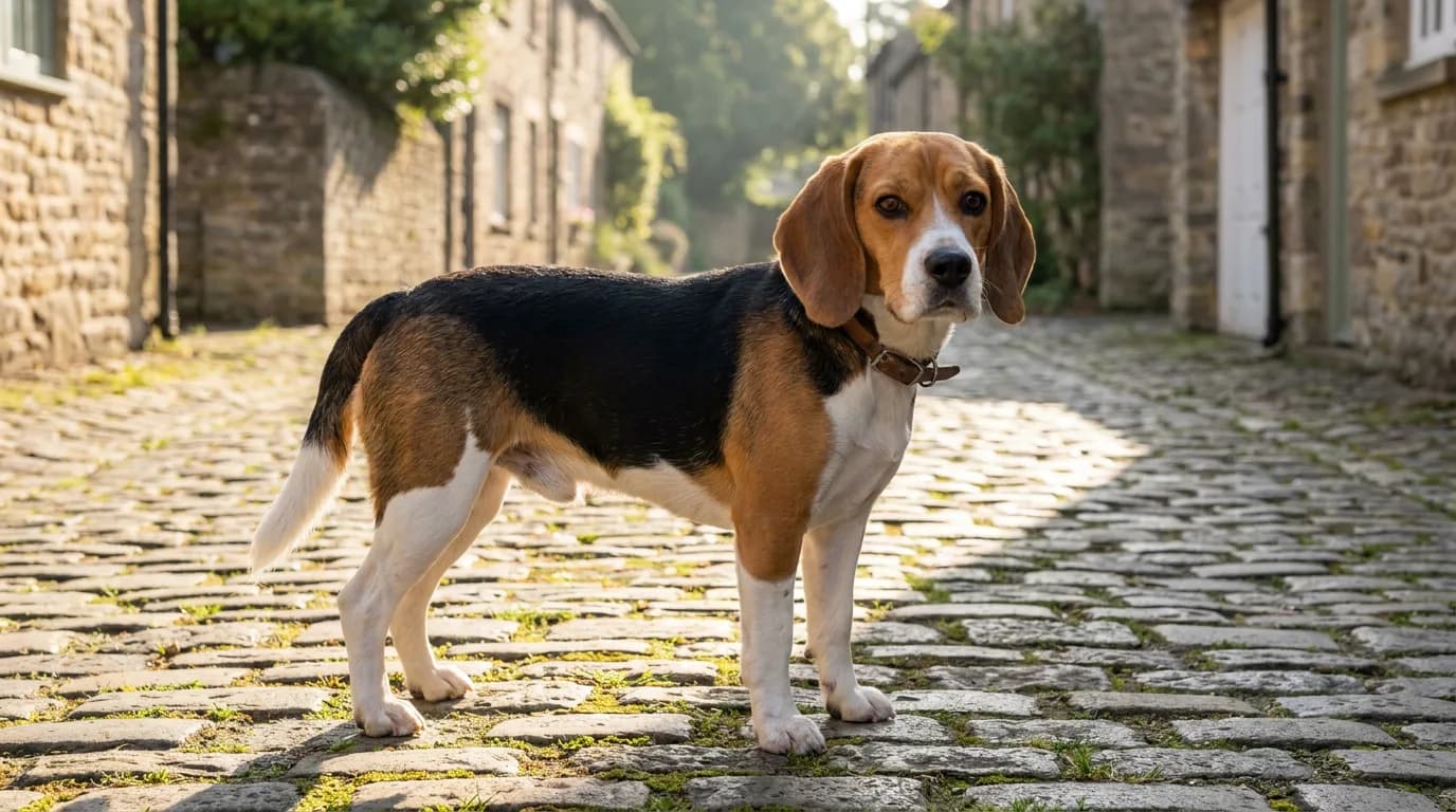 Adult tricolor beagle in a leather collar standing on a sunlit cobblestone lane between stone houses