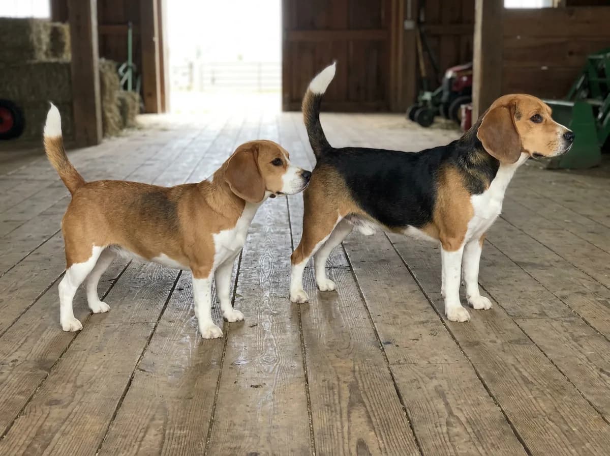 Smaller red and white beagle and taller tricolor beagle shown side by side in profile in a wooden barn aisle