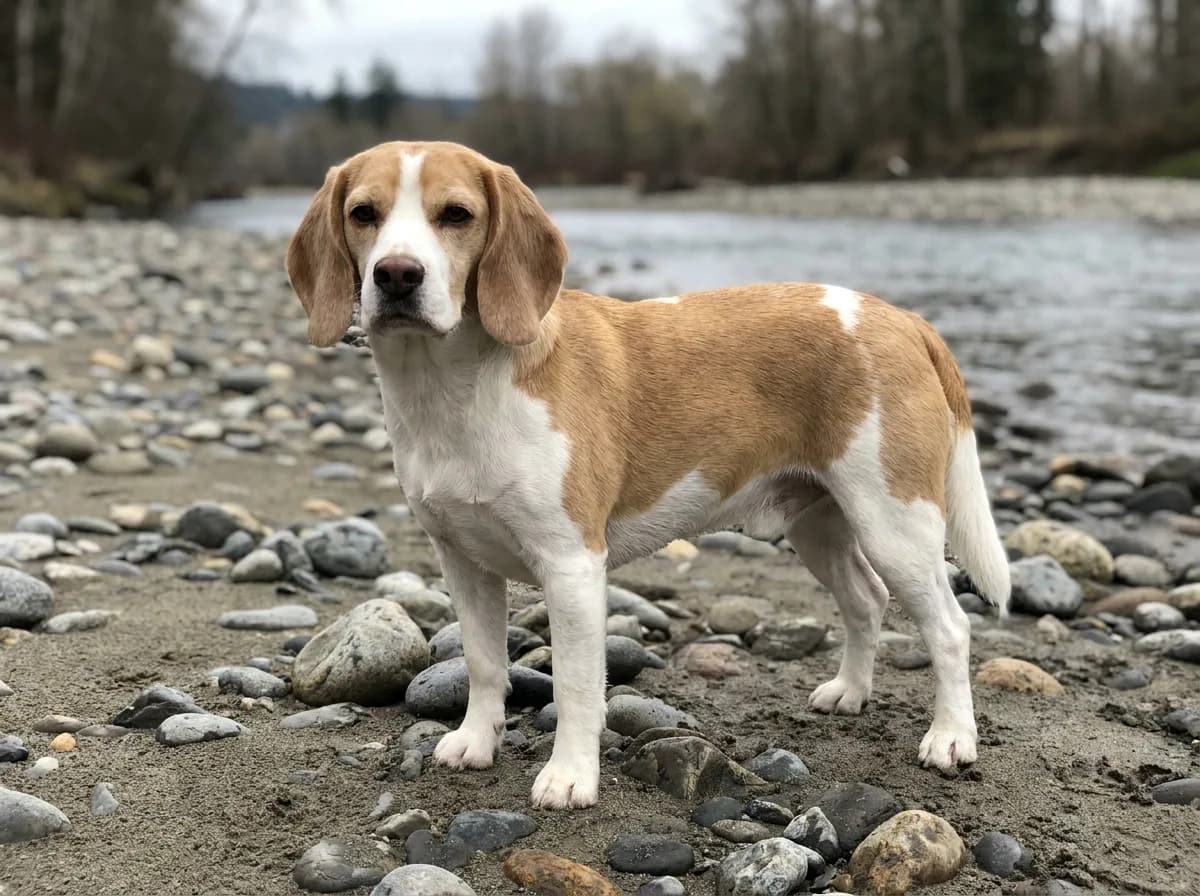 Tan and white beagle with straight front legs and long drop ears standing on a pebbly riverbank