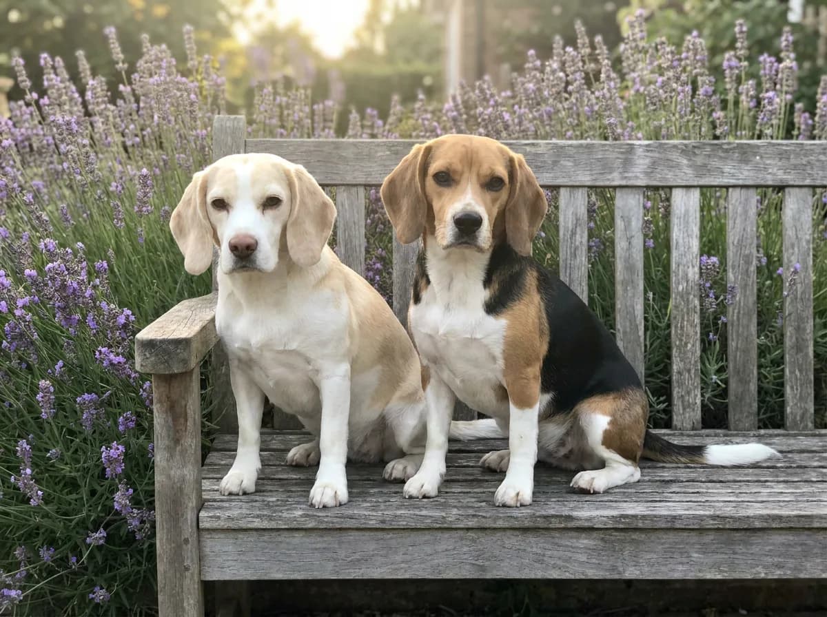 Lemon and white beagle and tricolor beagle sitting side by side on a weathered wooden bench among lavender