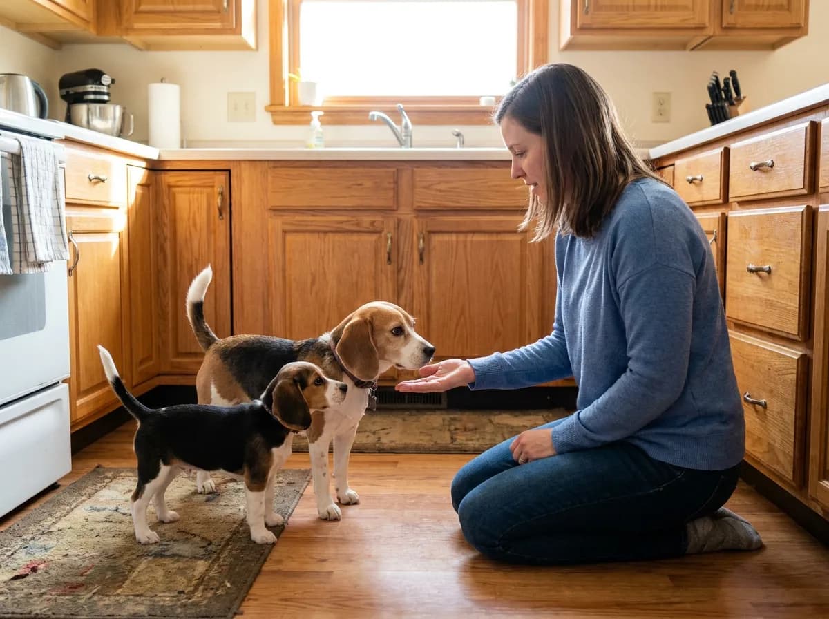 Prospective owner kneeling to greet a small tricolor Beagle mother with her puppy beside her in a home kitchen