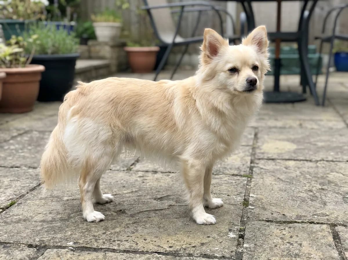 Cream mixed toy dog standing on a patio