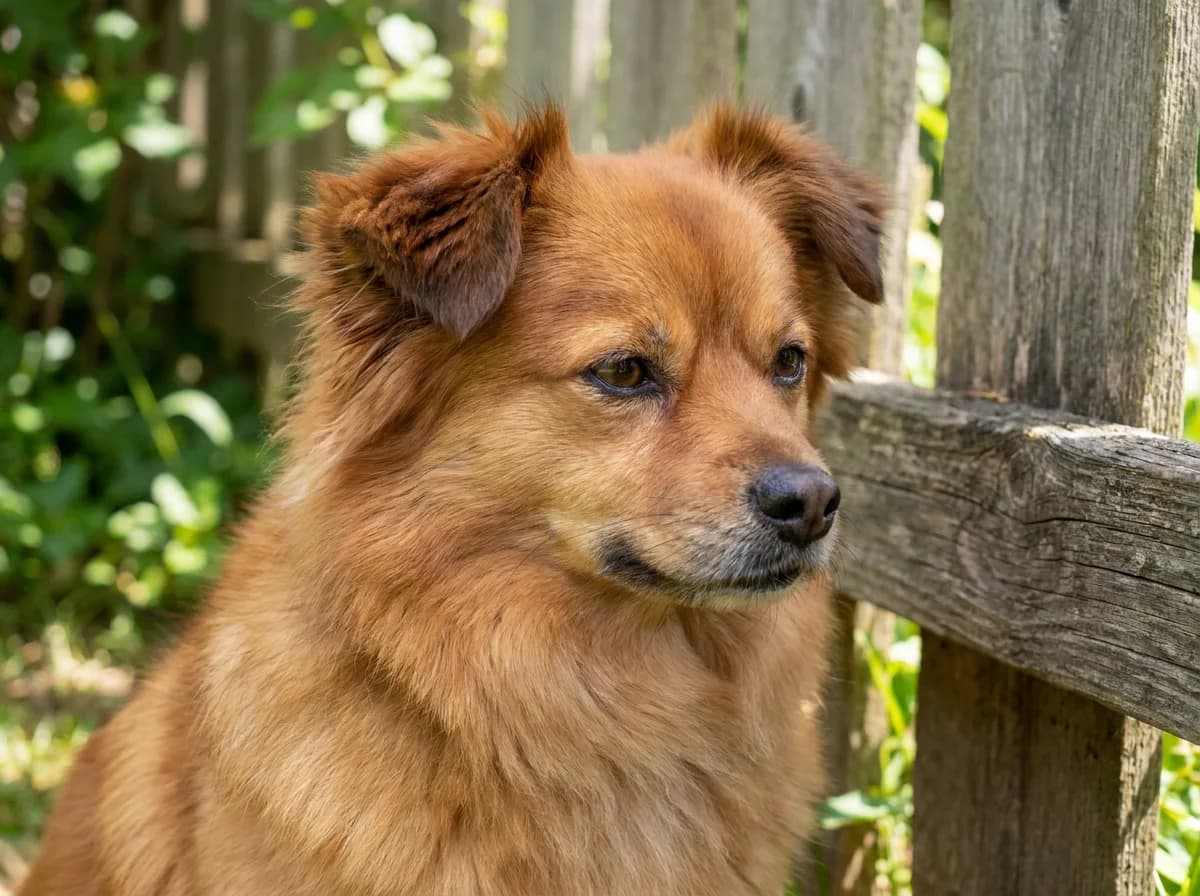 Close view of a red mixed toy dog beside a wooden fence