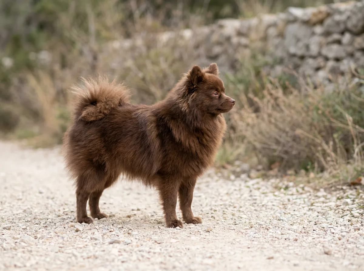 Chocolate mixed toy dog standing on gravel