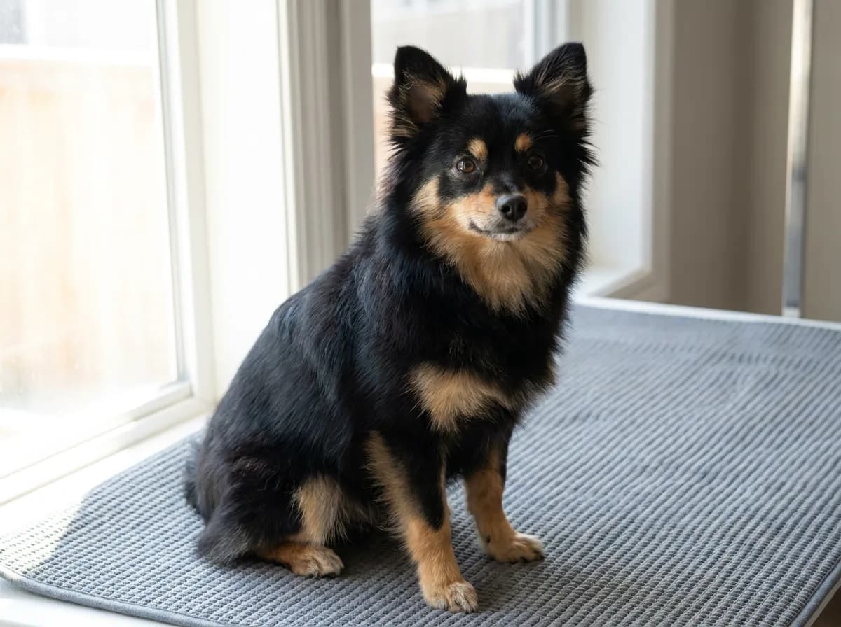 Black-and-tan mixed toy dog beside a window