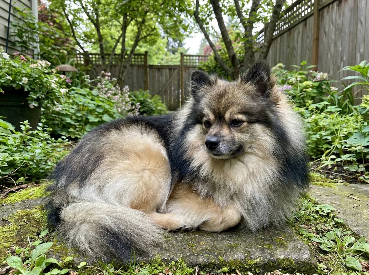 Sable mixed toy dog resting in a garden