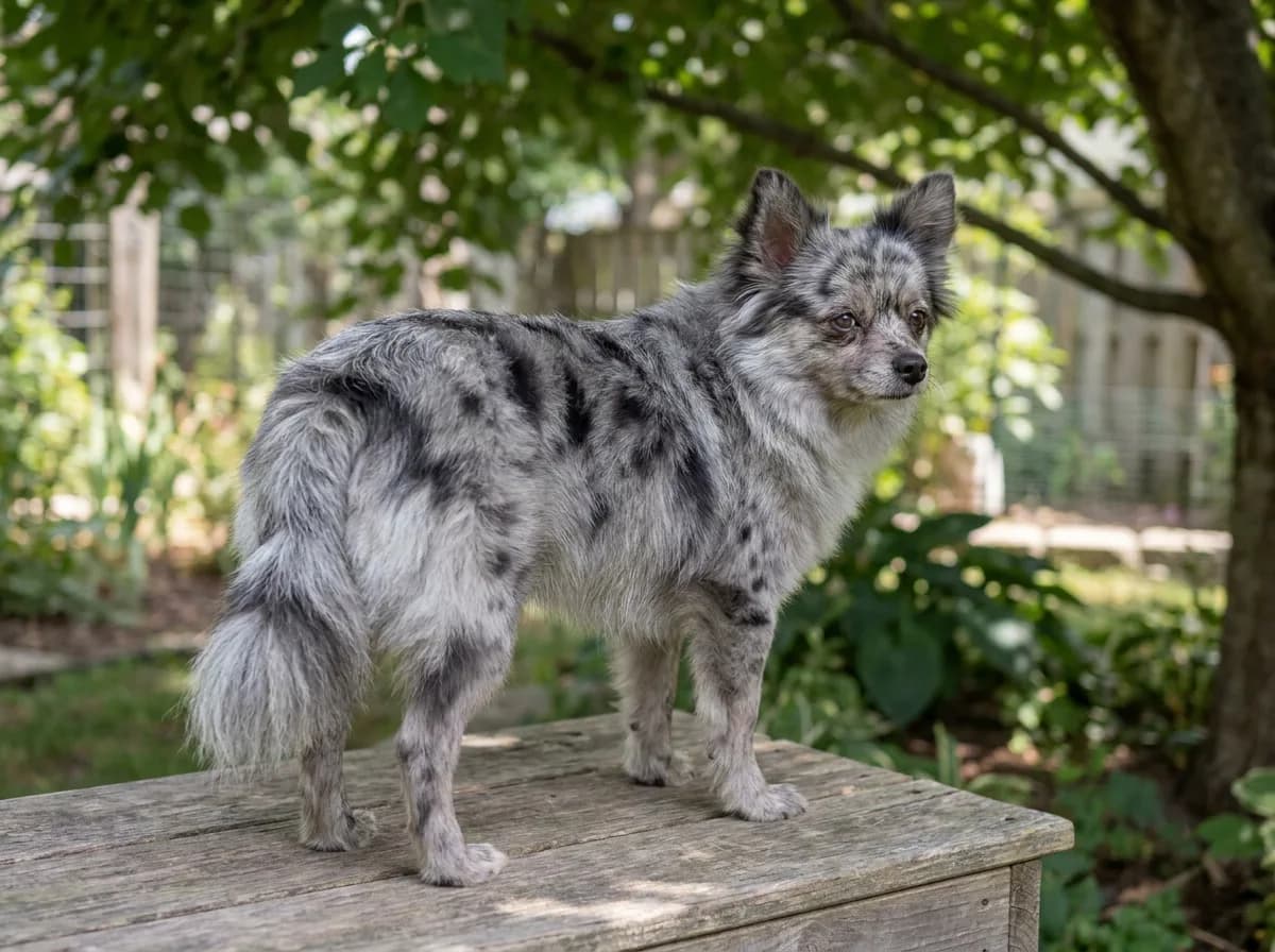 Small merle-pattern dog standing on a wooden platform in a shaded garden