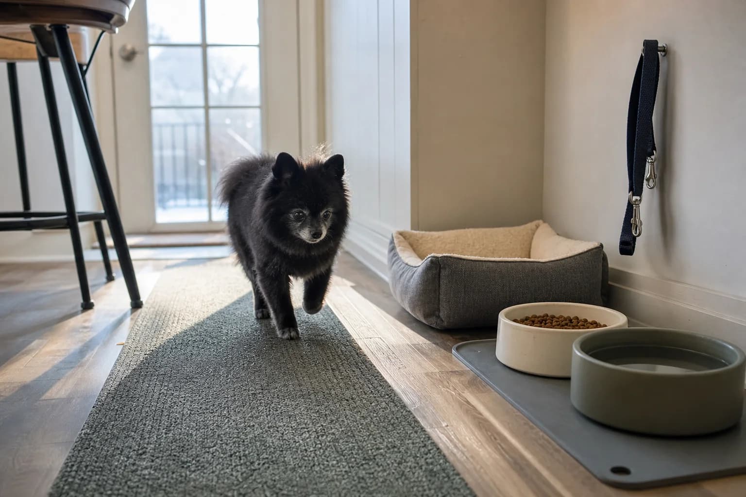 Mature black Pomeranian walking on a runner beside a low bed, measured food, water, and leash