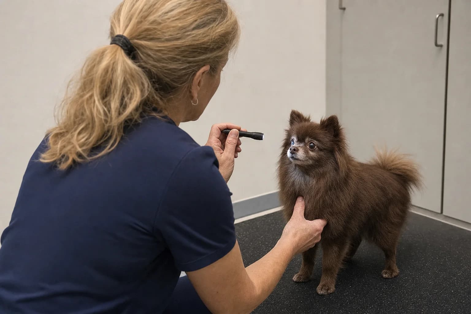 Veterinarian examining a mature chocolate Pomeranian's eye with a penlight
