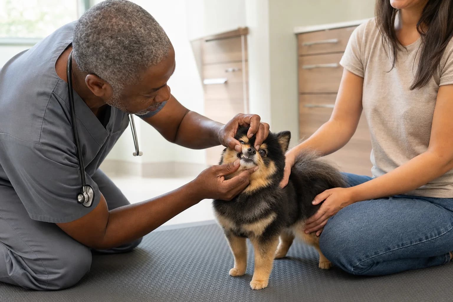 Veterinarian gently lifting a mature black-and-tan Pomeranian's lip during a floor-level dental check
