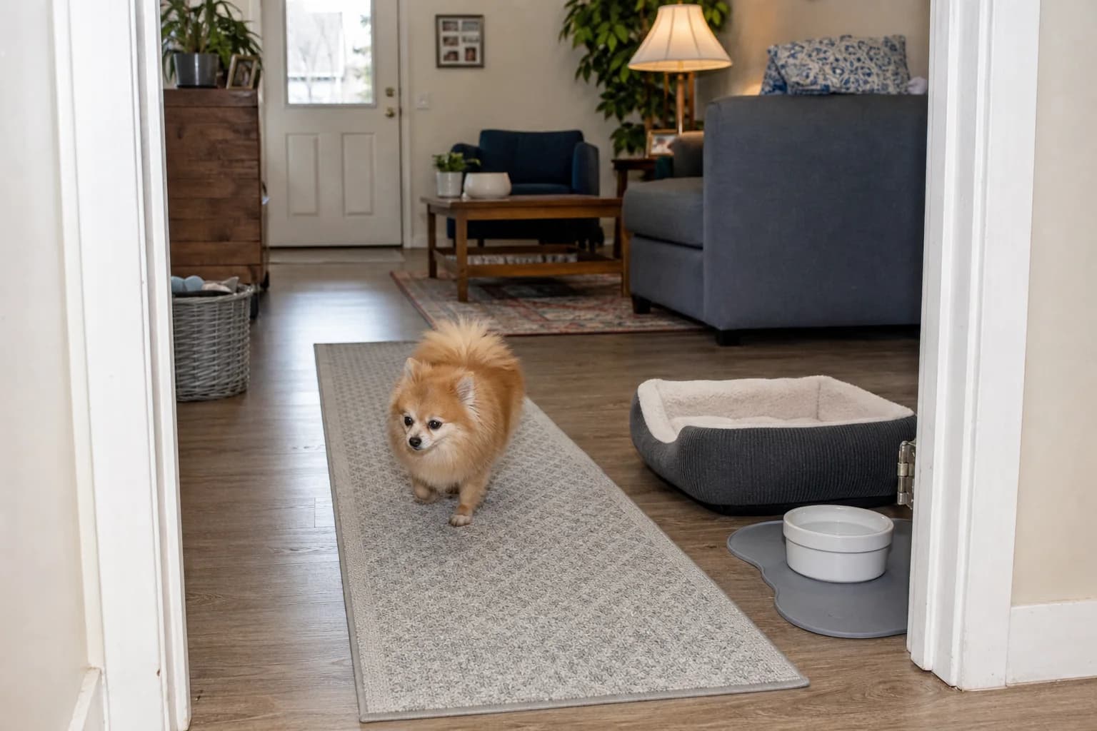 Senior orange sable Pomeranian walking on a nonslip runner beside a low bed and water bowl