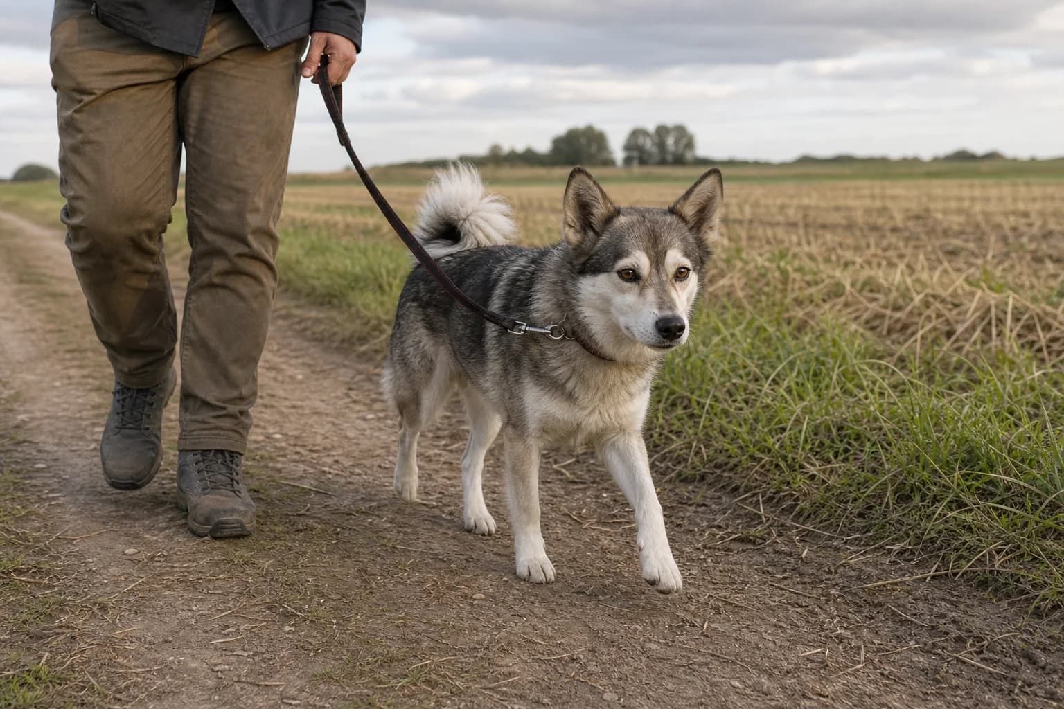 Small-to-medium gray-and-white mixed-breed dog walking beside a caregiver at a field edge