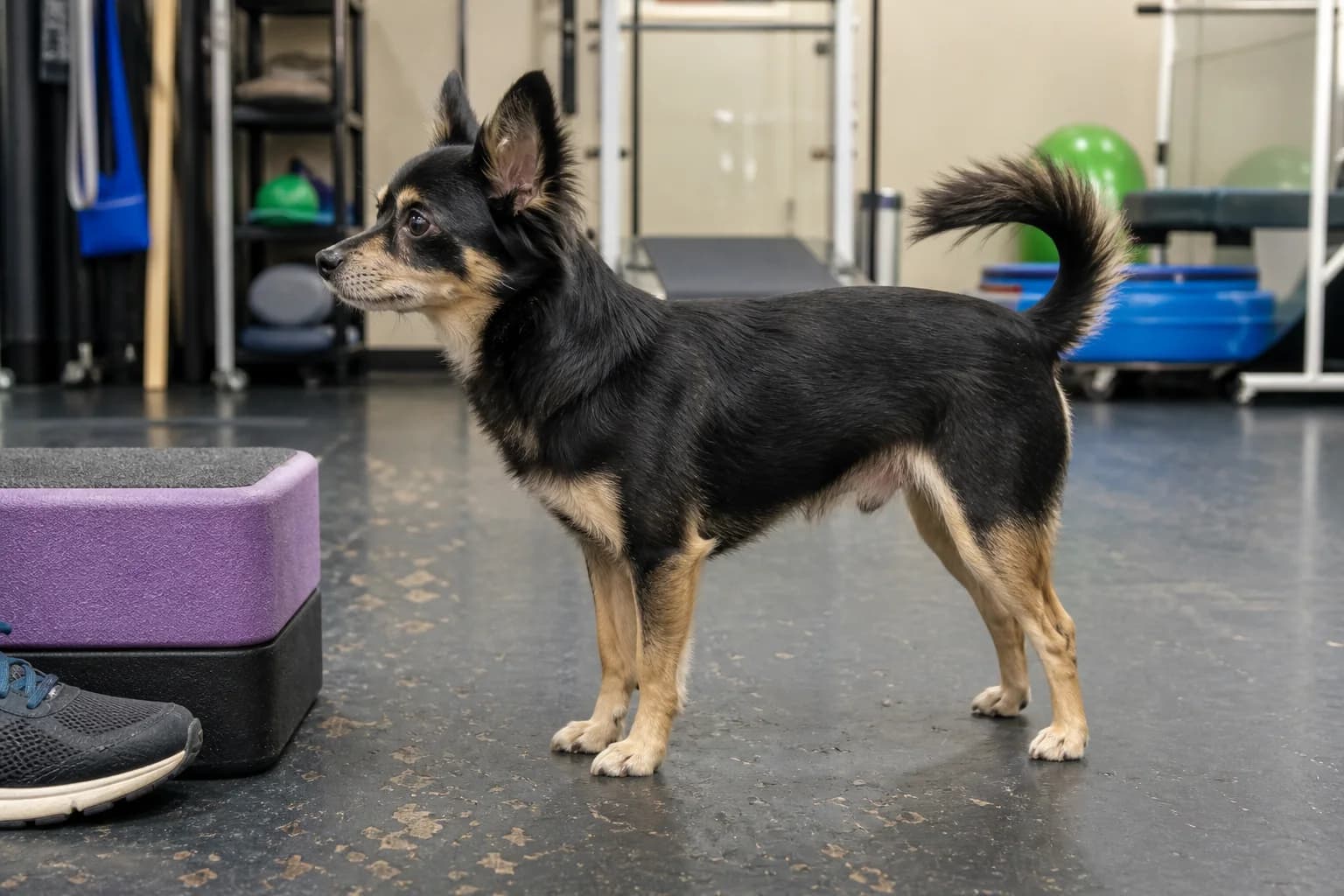Small black-and-tan mixed-breed dog standing beside a low foam step and adult shoe